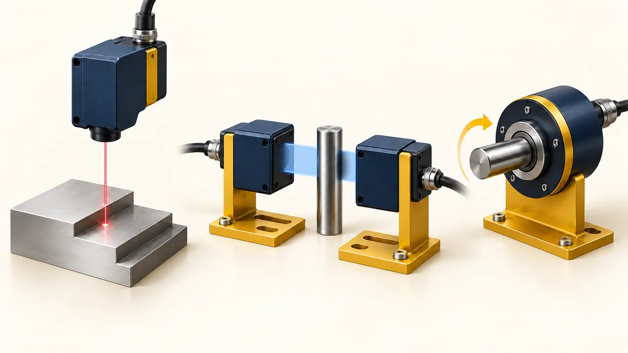 Conceptual displacement sensor, through-beam micrometer and rotary encoder